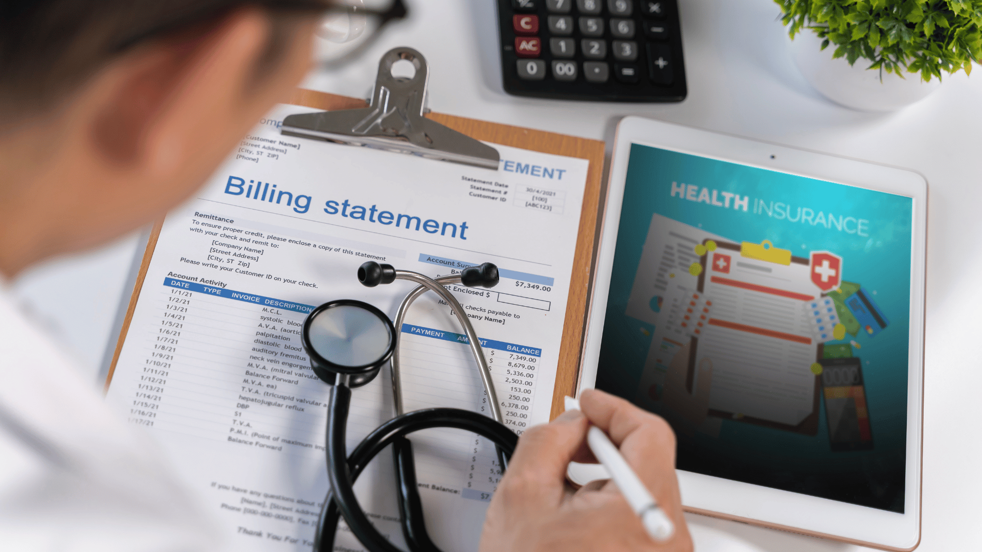Clinician reviewing a billing statement alongside health insurance coverage details